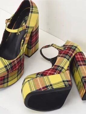 Yellow Plaid Platform Mary Jane Heels